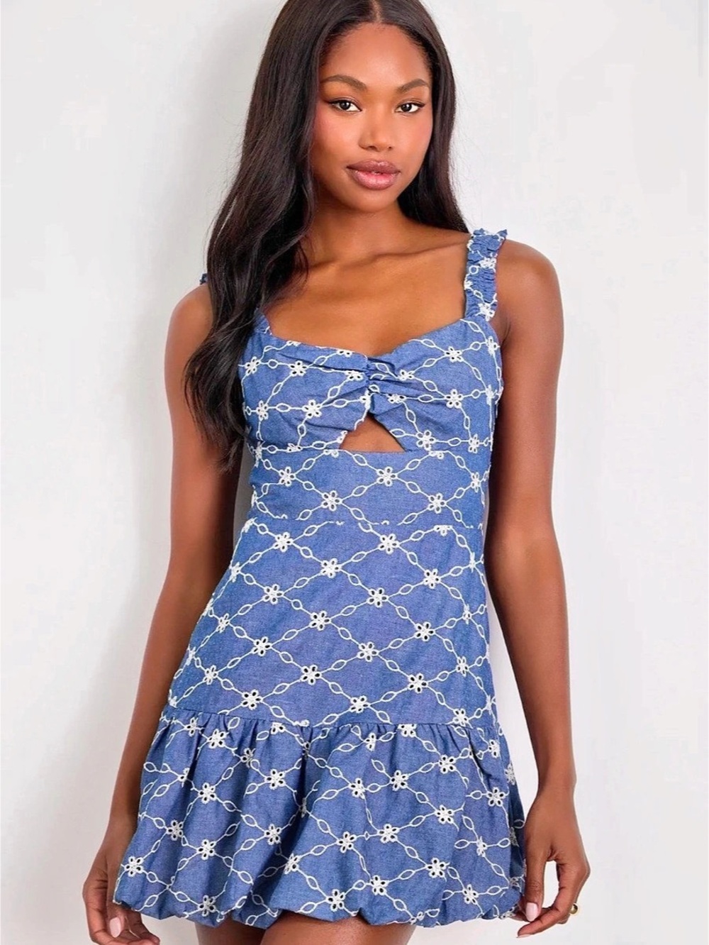 🆕 •LULUS• Enora Blue Chambray Embroidered Mini Dress